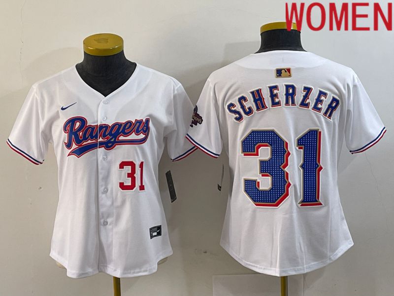 Women Texas Rangers 31 Scherzer White Champion Game Nike 2024 MLB Jersey style 4